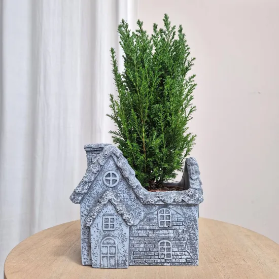 Osłonka na doniczkę betonowa szara w kształcie domku 10x8cm